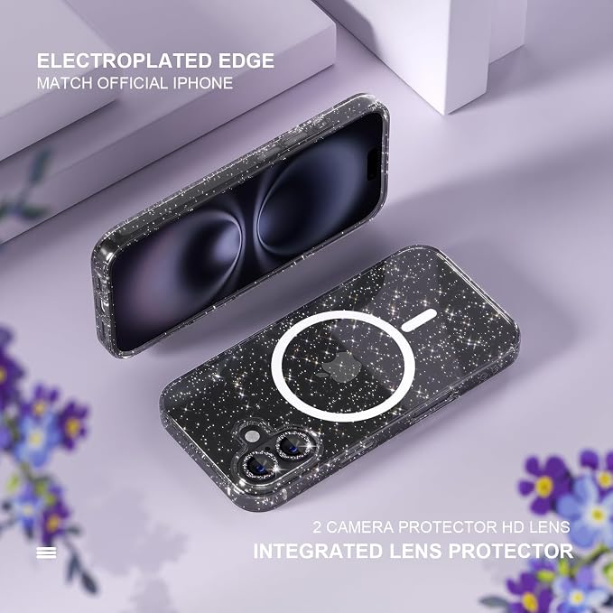 Choiche for iPhone 16 Plus Case Magnetic, Women Clear Glitter Bling Sparkly Case, [2xDiamond Camera Lens Protectors] [2xTempered Glass Screen Protectors] [Compatible MagSafe] 6.7" (Glitter Black)