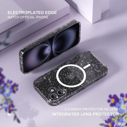 Choiche for iPhone 16 Plus Case Magnetic, Women Clear Glitter Bling Sparkly Case, [2xDiamond Camera Lens Protectors] [2xTempered Glass Screen Protectors] [Compatible MagSafe] 6.7" (Glitter Black)