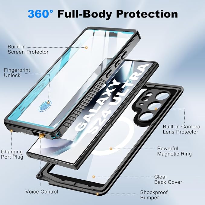 for Samsung Galaxy S24 Ultra Waterproof Case with Magsafe, Built-in Magnetic & Screen Protector, IP68 Certified Full Body Shockproof, for Water Sports Underwater Photography, 6.8" Blue
