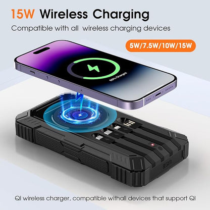 BLASOUL Solar Charger 49800mAh Power Bank - Wireless Portable Phone Charger with 4 Built-in Cable,22.5W Fast Charging External Battery Pack PD 3.0 USB-C in/Output Perfect for Camping,/Hiking