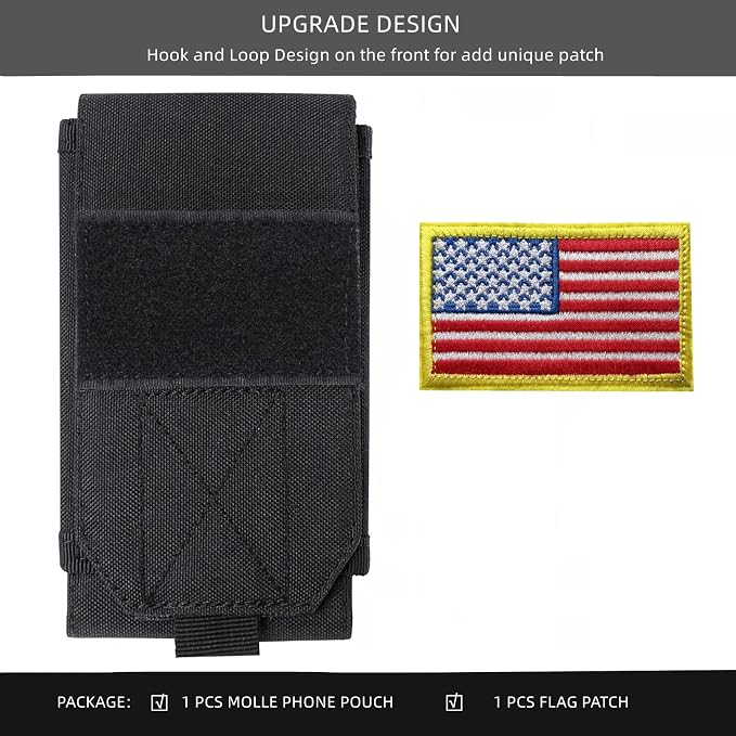 Black Tactical Molle Cellphone Pouch Case,Heavy Duty Waterproof Phone Holster Bag for iPhone 11 12 13 Pro Max for Samsung S22 S21 S20 FE Note 20 A13 A12 A02S Less 6.7" Phone with US Flag Patch