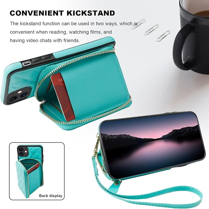 Bocasal Crossbody Wallet Case for iPhone 11, RFID Blocking PU Leather Zipper Handbag Purse Flip Cover, Kickstand Folio Case with Card Slots Holder Wrist Strap Lanyard 6.1 Inch (Mint Green)