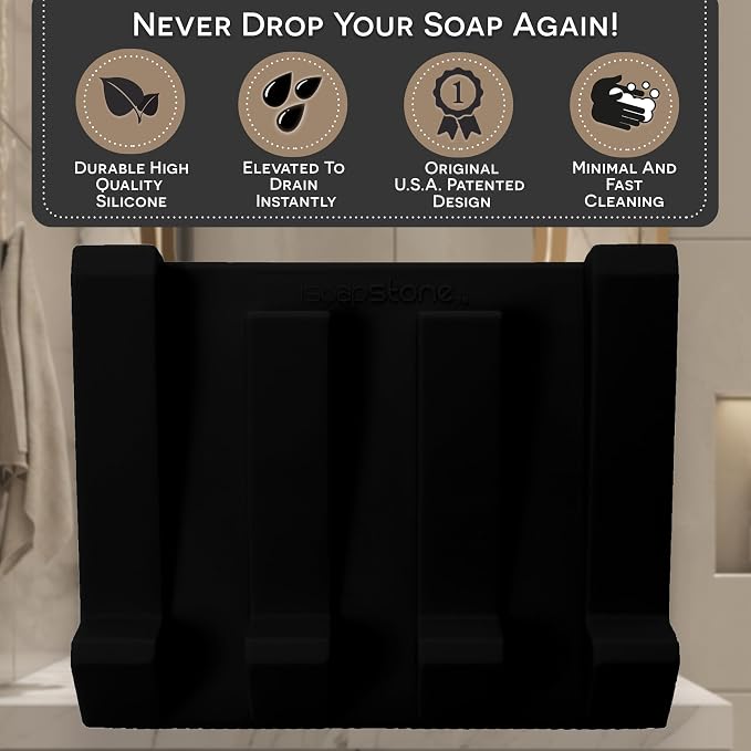 Silicone Soap Dish (USA Patented) Self Draining Bar Soap Holder for Shower Bathroom Sink, Drying Soap Dish Tray Sponge Holder Easy Cleaning Soap Saver Travel Accessories (Black, 2)
