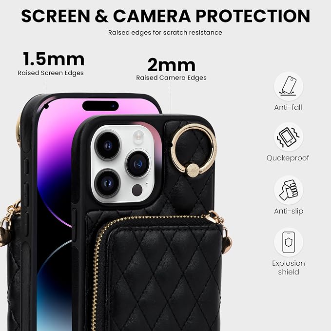 Keallce Case for iPhone 15 Pro Max 6.7'' Wallet Case, Crossbody Zipper Purse Handbag Wristlet for Women, RFID Blocking Card Holders, 360° Ring Kickstand Flip Leather Cover for iPhone 15 Pro Max, Black