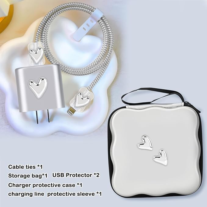 CameCosy DIY Phone Charger Storage Case Cover Sets for iPhone with Cable Protector Earphone Wire Saver, Unique Travel Storage Bag, Cute Cable Charger Protector Cord Organizer (Silver Heart)