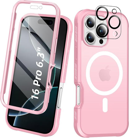 Compatible with iPhone 16 Pro Case, Built-in Screen Protector, with Camera Lens Protector, [Compatible with MagSafe] Matte Back Full Body Phone Case, Protective Cover for 16Pro 6.3" (Pink)