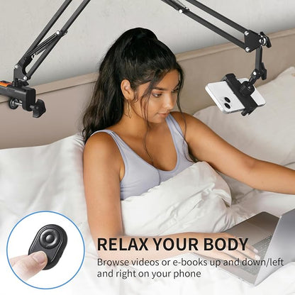 Phone Holder for Bed Desk, Overhead Phone Mount with Wireless Remote, Flexible Phone Stand Lazy Bracket Mount Long Arms Clamp for iPhone, Samsung, Google Pixel, Moto