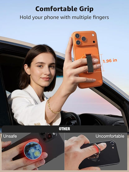 SUPERONE Magnetic Phone Grip with Finger Strap, Removable Magnetic Ring Holder with Kickstand Finger Loop, Accessories for iPhone 17/16/15/14/13/12 Series, Orange