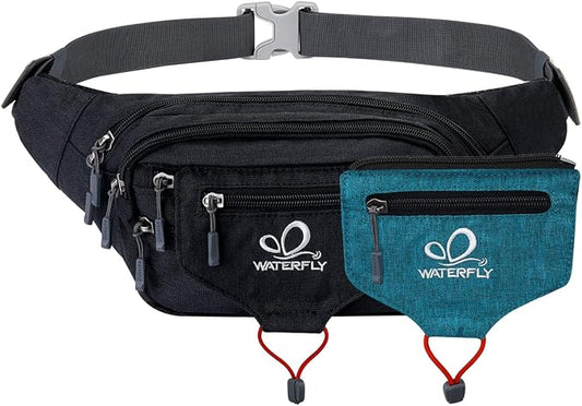 WATERFLY Running Belt Fanny Pack: Runner Marathon Jogging Waist Pack Sport Workout Exercise Fitness Phone Holder Belt for Men Women Jogger Slim Waistband Black