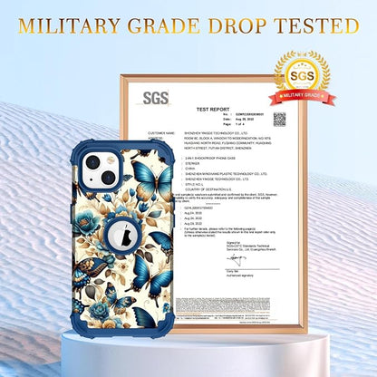 Hocase for iPhone 15 Case, Heavy Duty Shockproof Protection Soft Silicone Rubber Bumper+Hard Plastic Hybrid Protective Case for iPhone 15 (6.1" Display) 2023 - Blue Butterflies