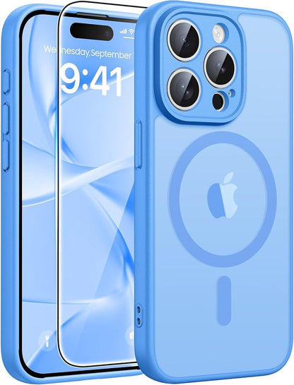 FNTCASE for iPhone 15 Pro Max Case, Fit for Magsafe, Glass Screen Protector | Full Camera Protection, Translucent Matte, 14FT Military Grade Drop Proof, Shockproof Protective Phone Cover, Ice Blue