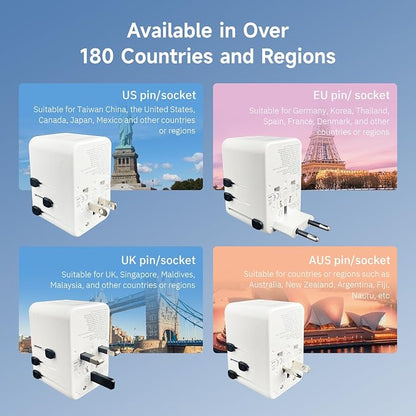 67W GaN Universal Travel Plug Adapter - International Power Adapter with 3 USB C & 1 USB A, Worldwide Power Outlet Travel Essentials for USA to European UK AUS Ireland, Type C/G/I/A (White)