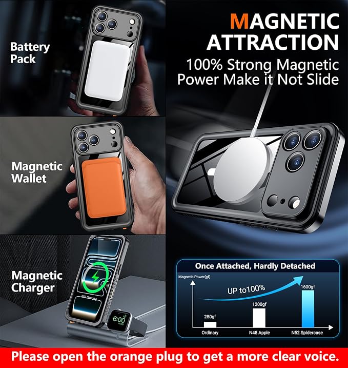 SPIDERCASE Magnetic for iPhone 17 Pro Max Case Waterproof, Built-in Screen & Camera Lens Protector[IP68 Underwater] [Military Grade Shockproof] Full Body Protection Phone Case, Black/Clear