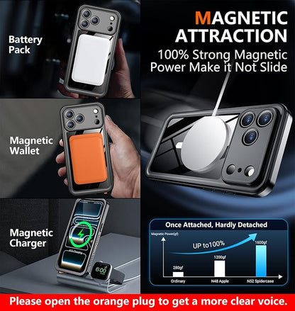 SPIDERCASE Magnetic for iPhone 17 Pro Max Case Waterproof, Built-in Screen & Camera Lens Protector[IP68 Underwater] [Military Grade Shockproof] Full Body Protection Phone Case, Black/Clear