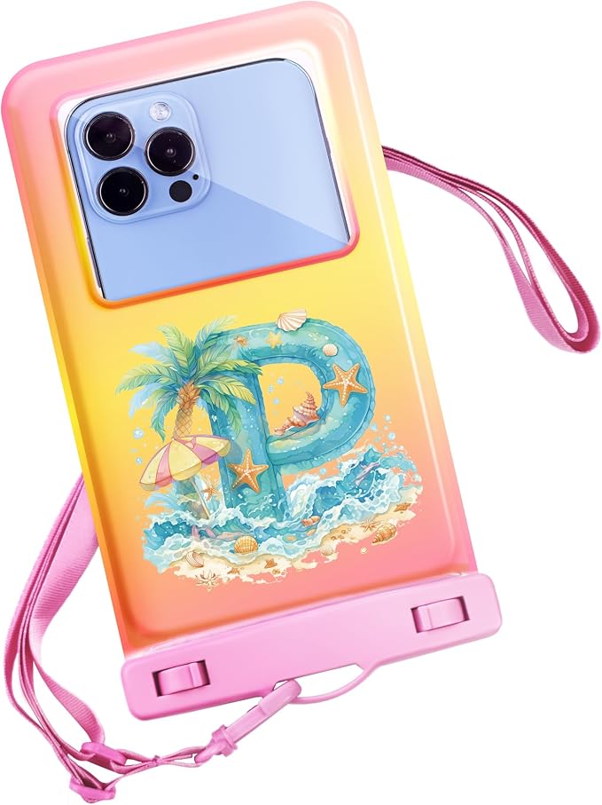 Personalized Initial Waterproof Phone Pouch Case - IPX8 Cellphone Dry Bag with Lanyard for iPhone 16/15/14/13/12 Pro Max (6.1–6.9"), Beach & Cruise Ship Essentials with Monogrammed Design (Pink, P)