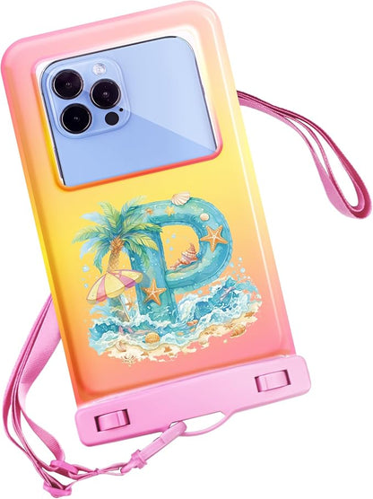 Personalized Initial Waterproof Phone Pouch Case - IPX8 Cellphone Dry Bag with Lanyard for iPhone 16/15/14/13/12 Pro Max (6.1–6.9"), Beach & Cruise Ship Essentials with Monogrammed Design (Pink, P)