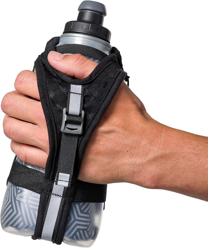 Nathan SpeedDraw 2 Insulated Handheld Running Water Bottle Flask – Double-Wall Insulation, Ergonomic Grip, Blast Valve Cap, Phone & Key Storage Pockets, Reflective Design - 18oz Insulated - Black
