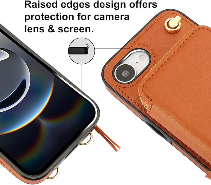 Bocasal Crossbody Wallet Case for iPhone 17e/16e, RFID Blocking Leather Purse Case with Card Holder, Protective Handbag Flip Cover with Zipper Wrist Strap Lanyard for Women 5G 6.1 Inch (Brown)