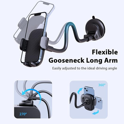 Qifutan Phone Holder - 14-Inch Long Arm Windshield Car Cell Phone Holder Anti-Shake Stabilizer Automobile Mount for iPhone Android Smartphones