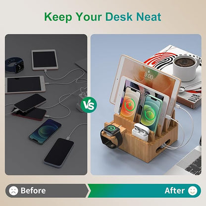 Pezin & Hulin Bamboo Charging Station for Multiple Devices with 5 Port USB Charger, 5 Cables, Smart Watch & Earbuds Stand, Desk Docking Stations Electronic Organizer for Cell Phone, Tablet