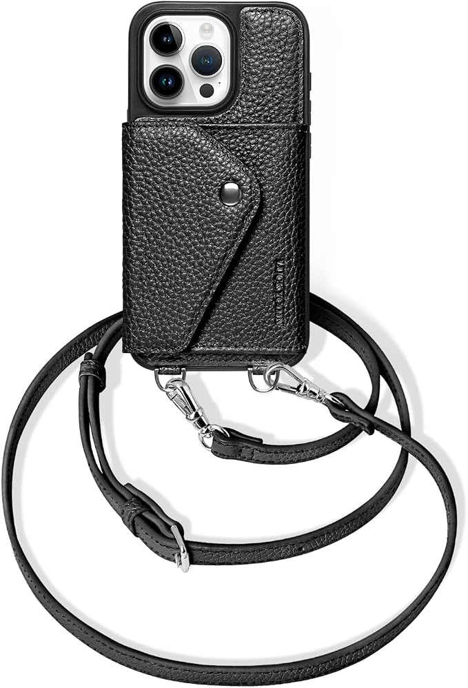 LUCKYCOIN for iPhone 15 Pro Crossbody Wallet Case – Genuine Leather Phone Purse with Adjustable Strap and Card Holder,Lanyard Phone Purse Case for Women,Pebble Grain Black