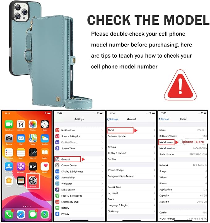for Wallet Case Compatible with iPhone 16 Pro,Multi-Function Detachable 2 in 1 Magnetic iPhone 16 Pro Wallet,Flip Strap Zipper Card Holder Phone Case with Shoulder Straps (Blue)