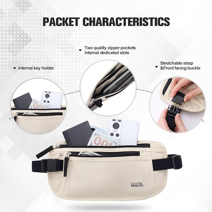 Unisex Money Belt For Men and Women, Slim Passport Holder RFID Blocking Travel Essentials Bags with Adjustable Strap Small Waist Pouch for Workout Running Travelling Hiking, Cream White