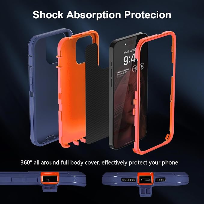 Sansunto for iPhone 16e Case, Protective Cover for 13, 14, 15, 16E 6.1", Heavy Duty Shockproof Drop Proof 3 in 1 Cover, Rugged Hybrid Durable Phone Cases for Men & Women (Indigo/Orange)