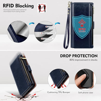Antsturdy Compatible with iPhone 16 Plus Wallet Case,RFID Blocking PU Leather Phone Case Women Men Kickstand flip Cover Wrist Strap Zipper Credit Card Holder Slots for Apple 16 Plus 6.7",Dark Blue