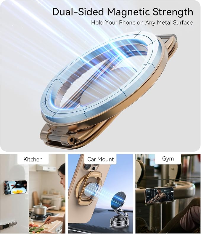 Magnetic Phone Ring Holder for MagSafe Phone Grip & Kickstand, Strong Dual-Sided Magnets Compatible with MagSafe Car Mount for iPhone 17/16/15/14/13/12 Pro Max and Android Phone Cases (Gold)