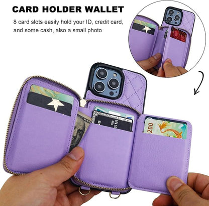 Bocasal Crossbody Wallet Case for iPhone 14 Pro Max, RFID Blocking PU Leather Zipper Handbag Purse Flip Cover, Kickstand Folio Case with Card Slots Holder Wrist Strap Lanyard 5G 6.7 Inch (Purple)