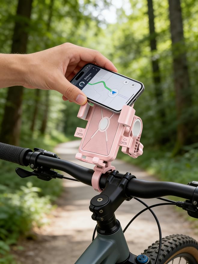 Bike Phone Mount, 1-Second Quick Release Motorcycle Phone Holder with 360° Rotation, Anti-Shake Silicone Pad, Universal for 4-7 Inch Phones - Fits 22-35mm Handlebars (Pink)
