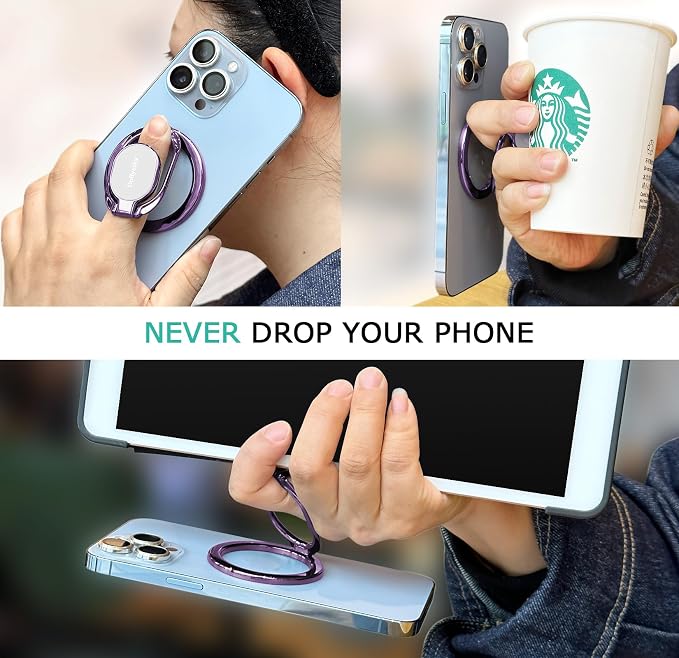 Magnetic Phone Ring Holder, Double Adjustable Phone Grip and Stand Compatible with MagSafe Ring Holder, Compatible with PopSockets MagSafe Ring Removable for iPhone & Android Phone, Purple