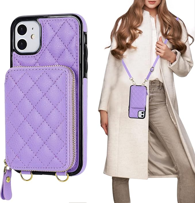 Bocasal Crossbody Wallet Case for iPhone 11, RFID Blocking PU Leather Zipper Handbag Purse Flip Cover, Kickstand Folio Case with Card Slots Holder Wrist Strap Lanyard 6.1 Inch (Purple)