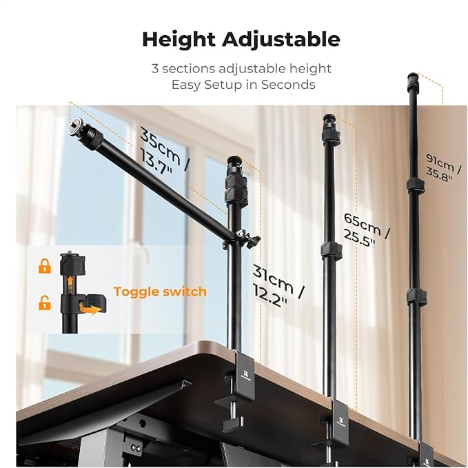 K&F CONCEPT Desk Mount Stand with Extension Arm, 37-91cm Adjustable Overhead Camera Mount, 1/4" Ball Head & 3/8" Adapter, C-Clamp for Ring Light, DSLR Camera, Smartphone, Live Streaming, Video