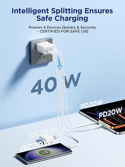 Aioneus USB C Charger Block, 40W Fast Charging Block Type C Charging Block 4-Port Dual Port PD+QC Wall Charger Head Cube for iPhone 17 16 15 14 13 12 11 Pro Max XS, iPad, Samsung Phone, Tablet