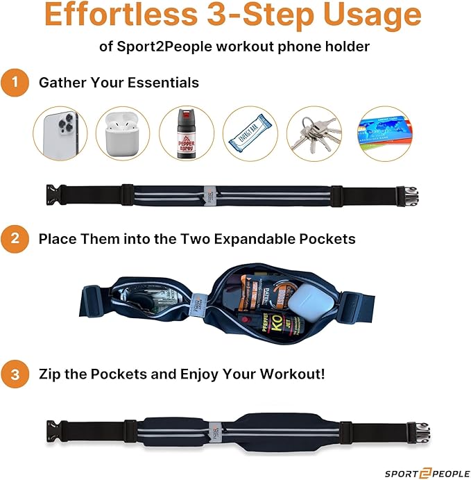 Running Belt for Women and Men, Waterproof Phone Holder for Running, Reflective 2-Pocket Waist Pack for Storing Runner’s Essentials Safely, Running Fanny Pack Fits Most Phones, Adjustable Belt Bag