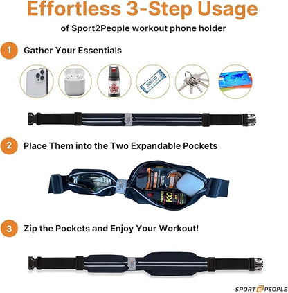 Running Belt for Women and Men, Waterproof Phone Holder for Running, Reflective 2-Pocket Waist Pack for Storing Runner’s Essentials Safely, Running Fanny Pack Fits Most Phones, Adjustable Belt Bag