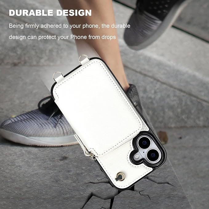 Bocasal for MagSafe Crossbody Wallet Case Compatible with iPhone 17, RFID Blocking Protective Purse Case with Card Slots Holder Kickstand Wrist Strap Lanyard Zipper 6.3 Inch 5G (White)
