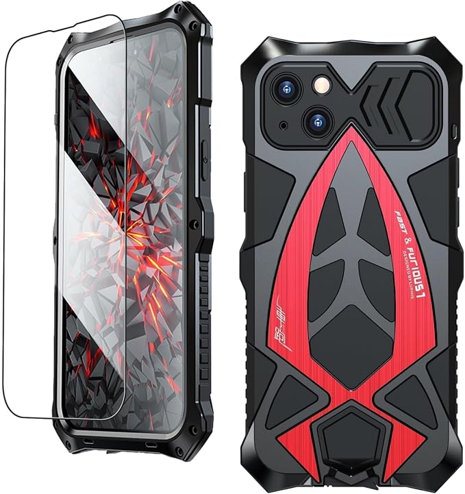 Armor Phone Case for iPhone 15 Military Grade Drop Tested 360 Full Protection Cover Heavy Duty Hybrid Metal Bumper Built-in Silicone Shockproof Dustproof with Screen Protector - Red