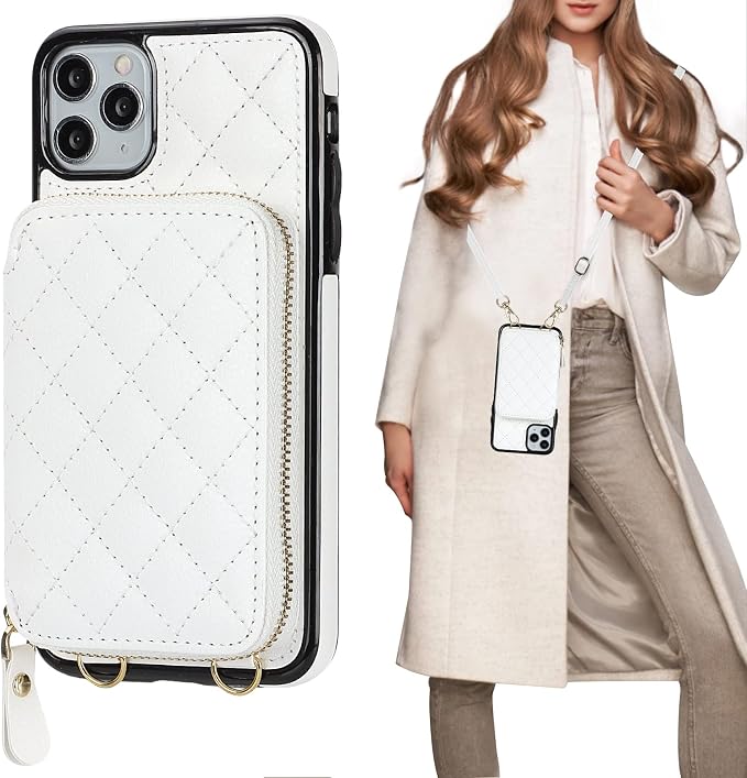 Bocasal Crossbody Wallet Case for iPhone 11 Pro Max, RFID Blocking PU Leather Zipper Handbag Purse Flip Cover, Kickstand Folio Case with Card Slots Holder Wrist Strap Lanyard 6.5 Inch (White)