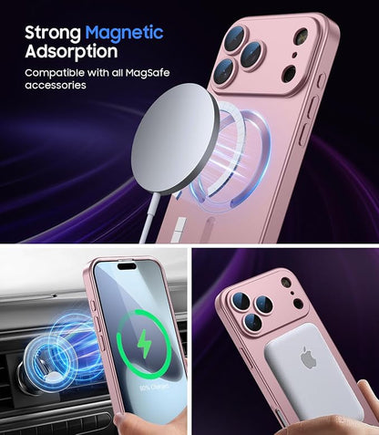 Magnetic for iPhone 17 Pro Case [Compatible with MagSafe][Built-in Camera Lens Protector] Slim Thin Soft Silicone Bumper Shockproof Metallic Luster Phone Case (Rose Gold)