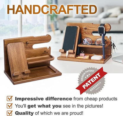 TESLYAR Wood Phone Docking Station for Men - Desk or Nightstand Organizer - Birthday Gifts for Husband or Dad - Anniversary Idea from Wife - Key Holder, Stand Wallet, Watch & Essentials (Earth Beige)