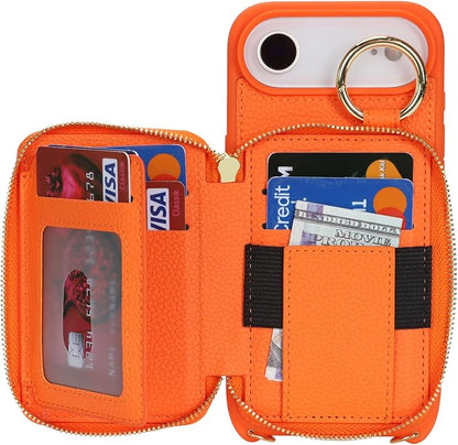 Crossbody Wallet Case for iPhone Air, PU Leather Zipper Handbag Purse Flip Cover, Kickstand Folio Case with Card Slots Holder Wrist Strap Lanyard 5G 6.5 Inch-Orange
