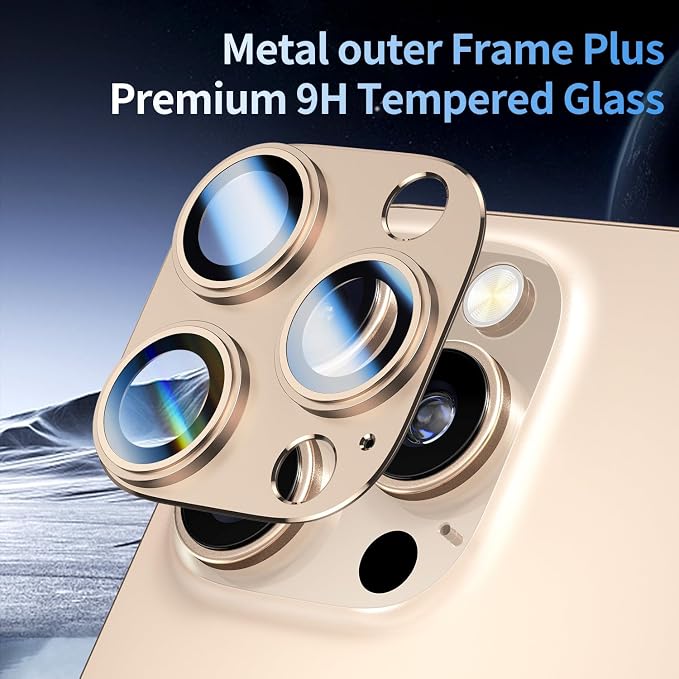 Camera Lens Protector for iPhone 14/15/16 Pro & Pro Max, Tempered Glass Camera Cover Lens Aluminum Alloy Metal matte Case, for iphone 15 pro max camera lens protector, Gold