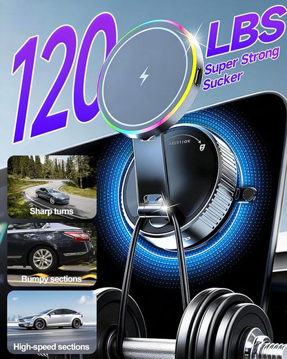 for Magsafe Car Mount Charger, 15W Fast Charging Wireless Car Charger [120LBS Suction &3800gf Magnet] 780° Adjustable, Vacuum Magnetic Phone Holder for Your Car for iPhone & Android, Metal Stand Rotor