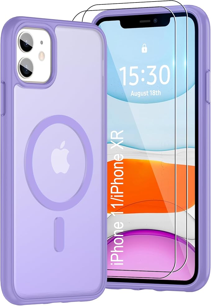 Pilaru for iPhone 11 Case & iPhone XR Case [Compatible with Magsafe] Translucent Matte Magnetic Case with Screen Protector,SlimThin Shockproof Protective Cover for iPhone 11 & XR-Light Purple