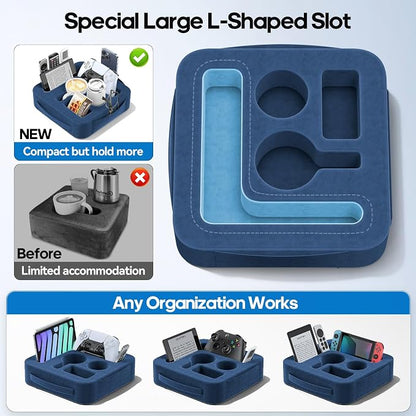 Couch Cup Holder Pillow, Sofa and Bed Caddy for iPad, Kindle, Switch, Game Controller, Remotes, Phones, Small-Sized Cup and Drink Holder for Couch, Bed, Desk, Car, Beach, Bathroom Cup Holder, Blue