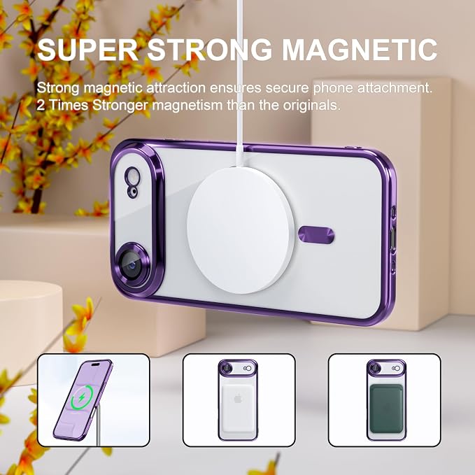Misea Magnetic for iPhone 17 Air Case Compatible with MagSafe [Never Yellowing] [Military Grade Drop Protection] Full Camera Lens Protector Plating Soft Clear Phone Case for Women, Deep Purple