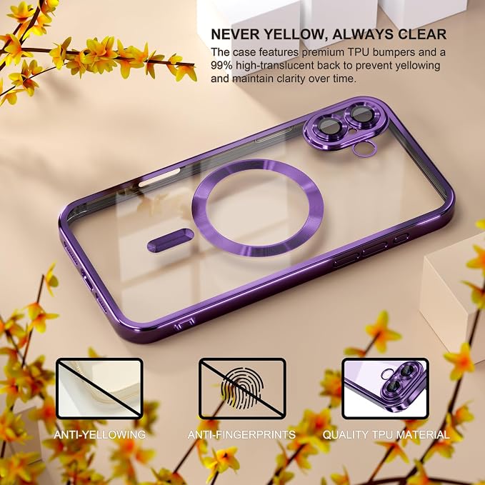 Misea Magnetic for iPhone 17 Case Compatible with MagSafe [Never Yellowing] [Military Grade Drop Protection] Full Camera Lens Protector Plating Soft Clear Phone Case for Women, Deep Purple